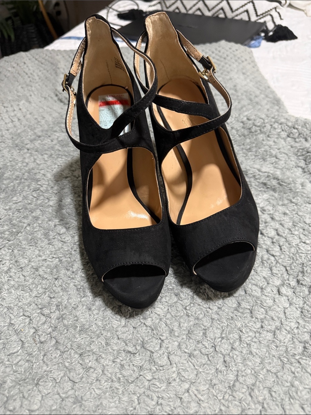 Thalia Sodi Black Peep-Toe Crisscross Ankle-Strap Heels